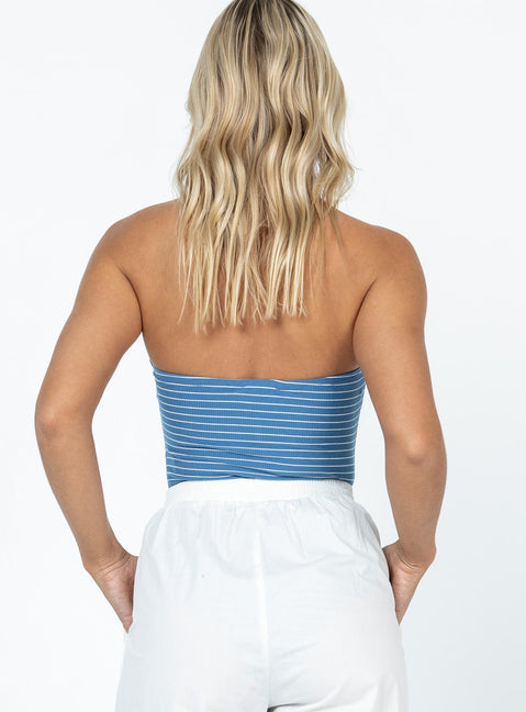 back view of model wearing Princess Polly Rebel Feist Bodysuit Navy Stripe Sleeveless straight 