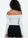 back view of model wearing Princess Polly Stocklin Off Shoulder Bodysuit Blue Full Sleeves straight 