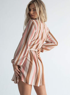 back view of model wearing Princess Polly Chiara Mini Dress Beige Multi 