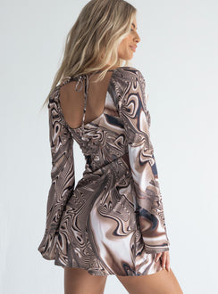 back view of model wearing Princess Polly Corban Mini Dress Brown 