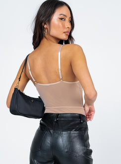 back view of model wearing Princess Polly Dabney Bodysuit Beige Sleeveless Sweetheart 