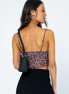 back view of model wearing Princess Polly Newbrough Top Brown Floral 
