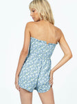 Strapless romper Floral print  Ruffle neckline  Boning through front  Invisible zip fastening at back 