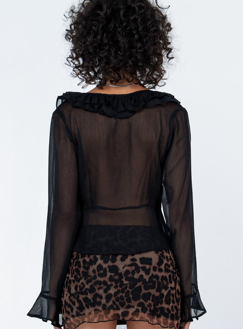 back view of model wearing Princess Polly Colby Long Sleeve Top Black Full Sleeves V-Neck 