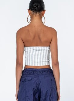 back view of model wearing Princess Polly Tarian Top Grey Stripe Sleeveless Sweetheart 