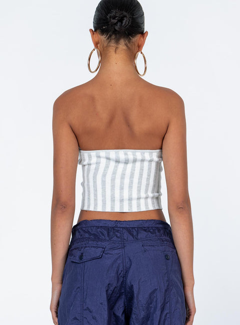 back view of model wearing Princess Polly Tarian Top Grey Stripe Sleeveless Sweetheart 
