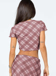 back view of model wearing Princess Polly Motel Tiney Top Pink Blurred Check 