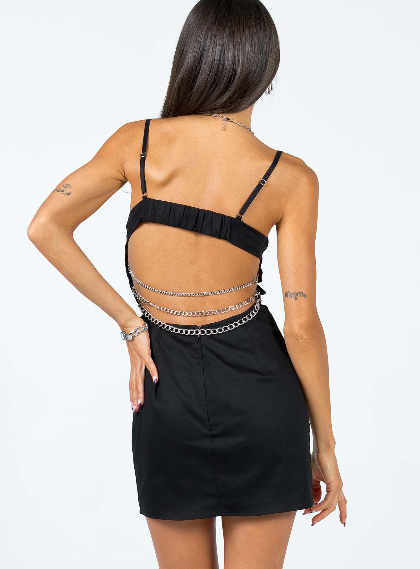 back view of model wearing Princess Polly VIP Chain Mini Dress Black 