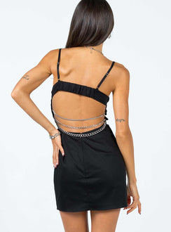 back view of model wearing Princess Polly VIP Chain Mini Dress Black 