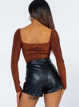 back view of model wearing Princess Polly Charlotte Bodysuit Brown Glitter Full Sleeves Square Neck 