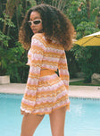 Matching set Sheer crochet material  Striped print Long sleeve crop top Flared sleeves  High waisted shorts Elasticated waistband