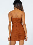 back view of model wearing Princess Polly Tara Mini Dress Brown 