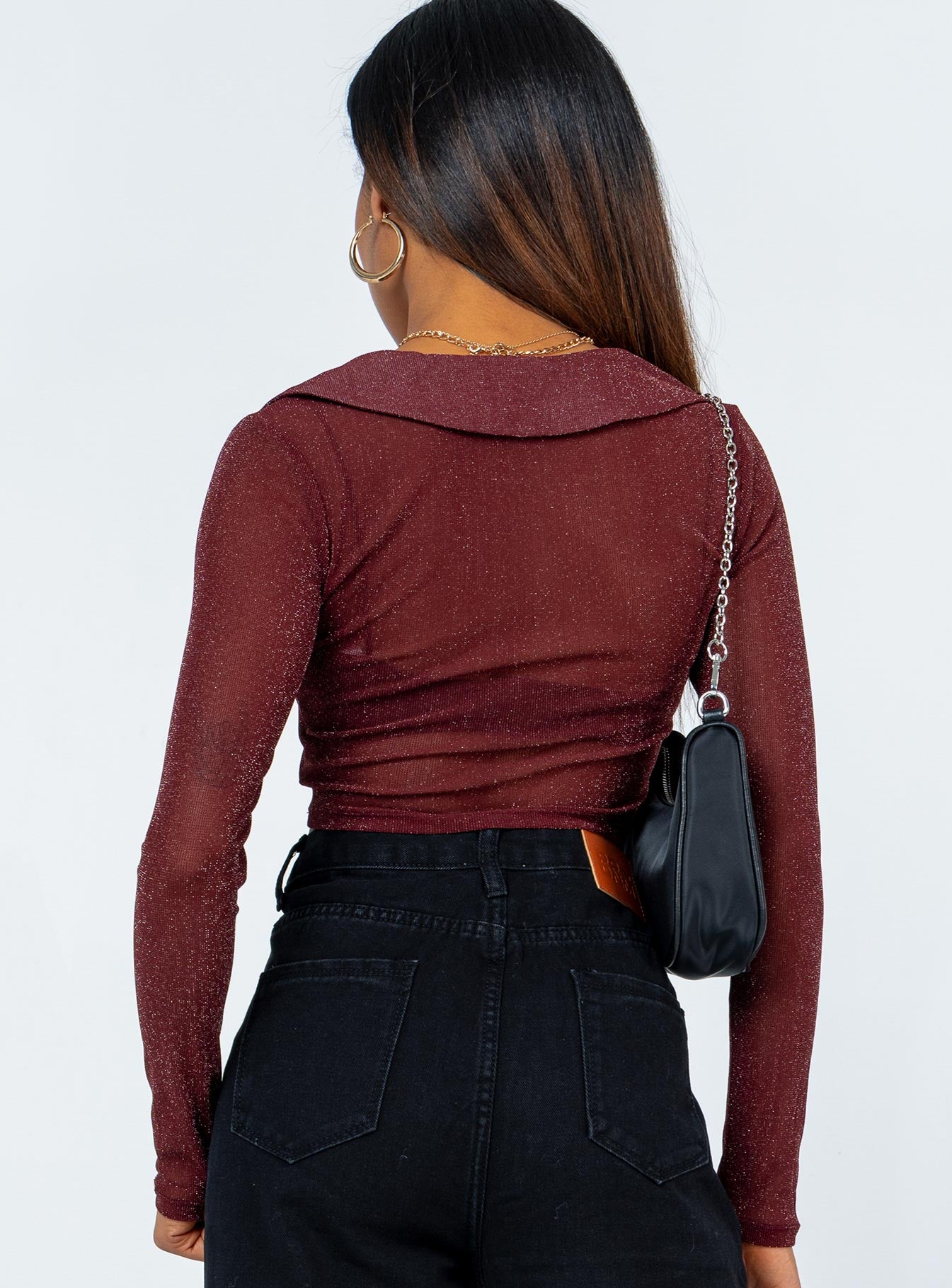 back view of model wearing Princess Polly Remmy Long Sleeve Top Brown 