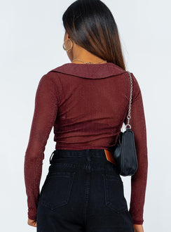 back view of model wearing Princess Polly Remmy Long Sleeve Top Brown 