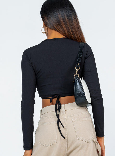 back view of model wearing Princess Polly Evren Long Sleeve Top Black 