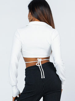 back view of model wearing Princess Polly Corbin Long Sleeve Top White 