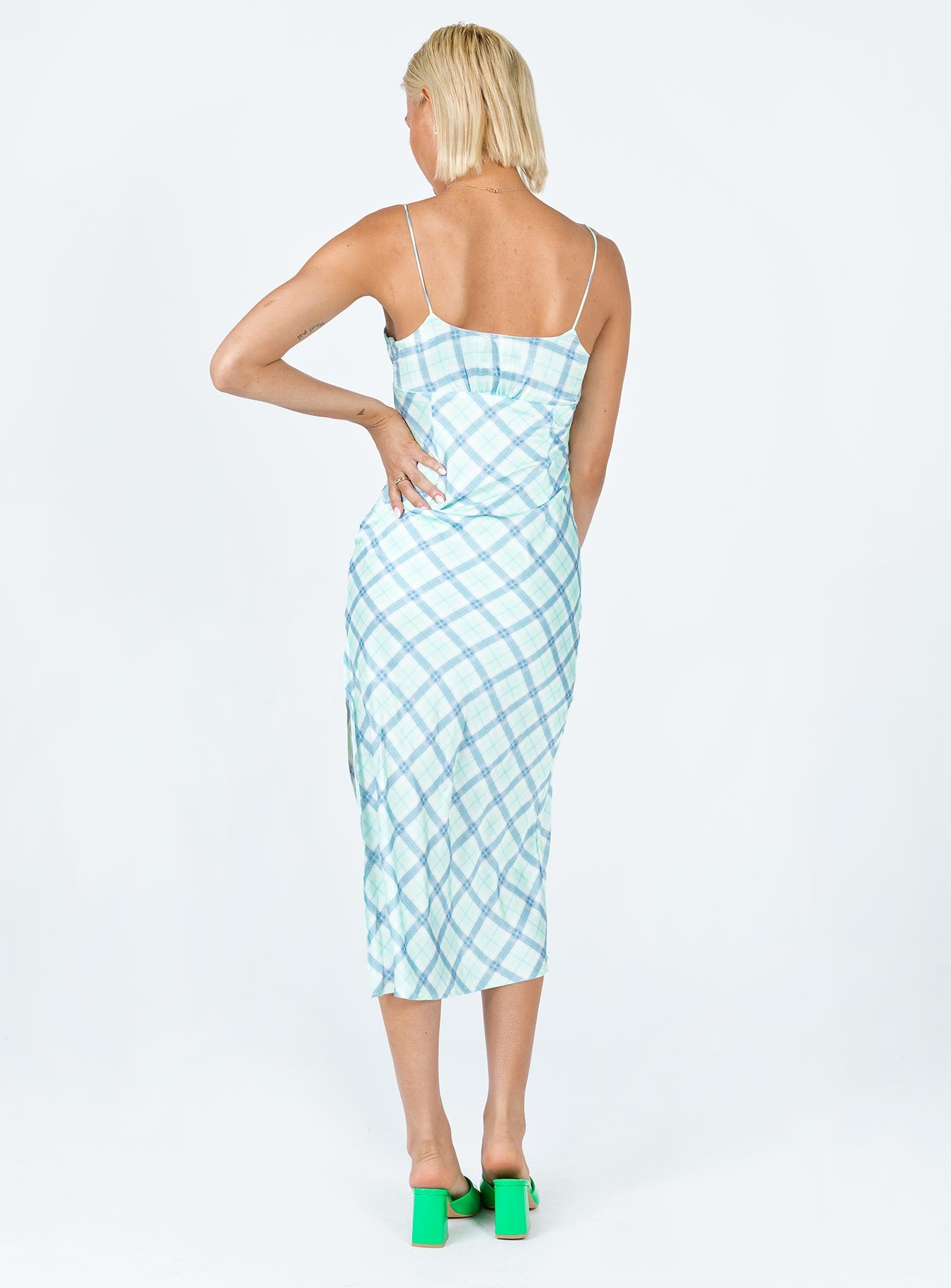 back view of model wearing Princess Polly Kirra Midi Dress Green / Blue 