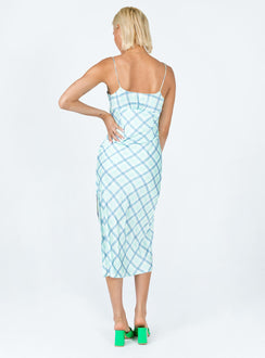 back view of model wearing Princess Polly Kirra Midi Dress Green / Blue 