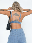 Front view of model wearing  front Princess Polly Sleeveless Square Neck  Paige Top Blue Denim