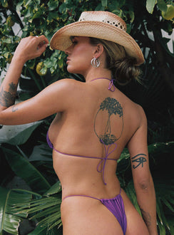 Purple bikini top Triangle style Elastic tie fastening Adjustable coverage Removable padding  Good stretch Fully lined 