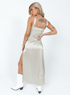 back view of model wearing Princess Polly Kurt Maxi Slip Maxi Dress Champagne V-Neck 