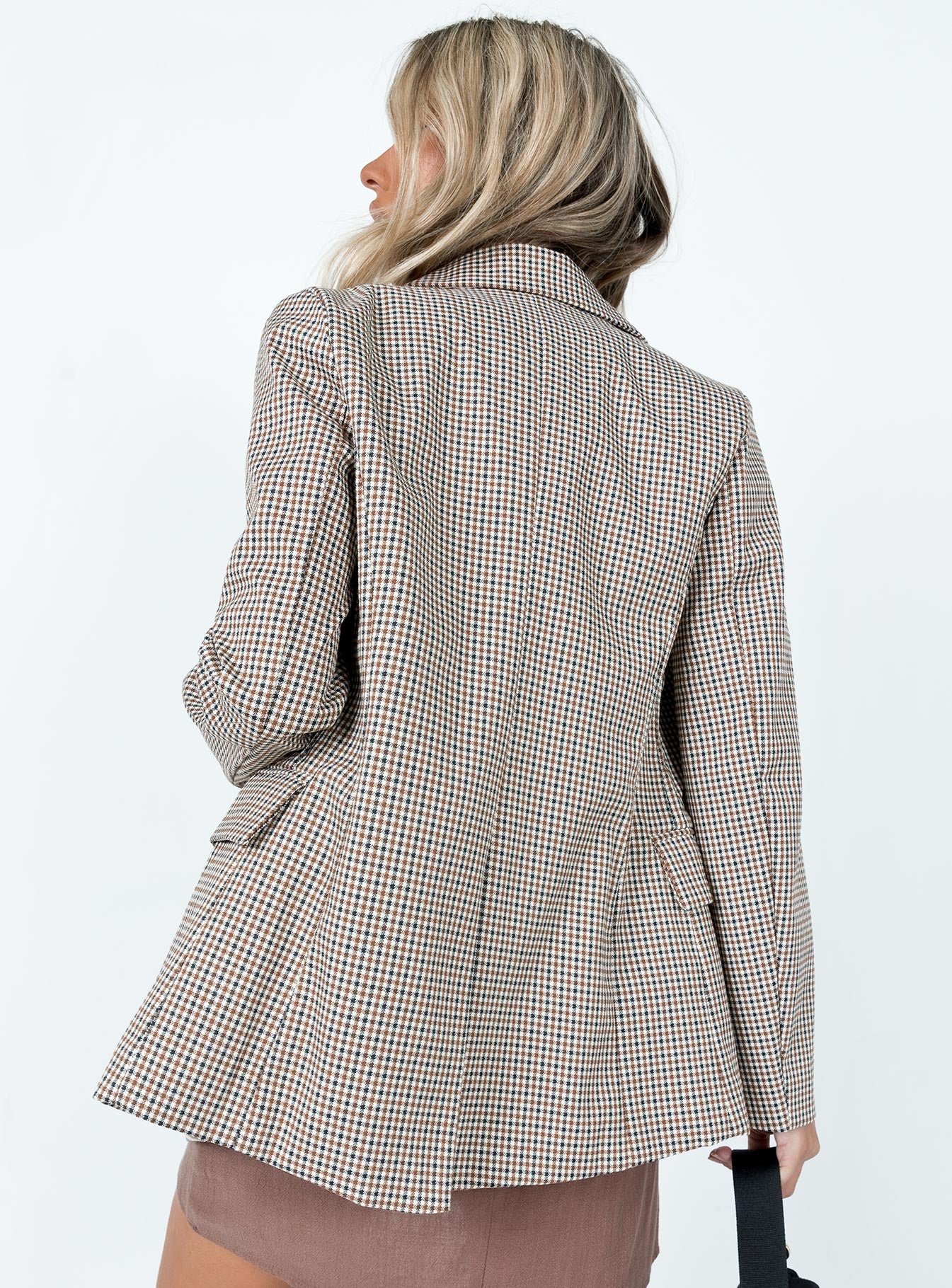 Blazer Plaid print  Lapel collar  Button front fastening  Faux chest pocket 