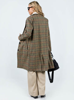 Coat Plaid print Lapel collar Button fastening at front Twin hip pockets Slit at back