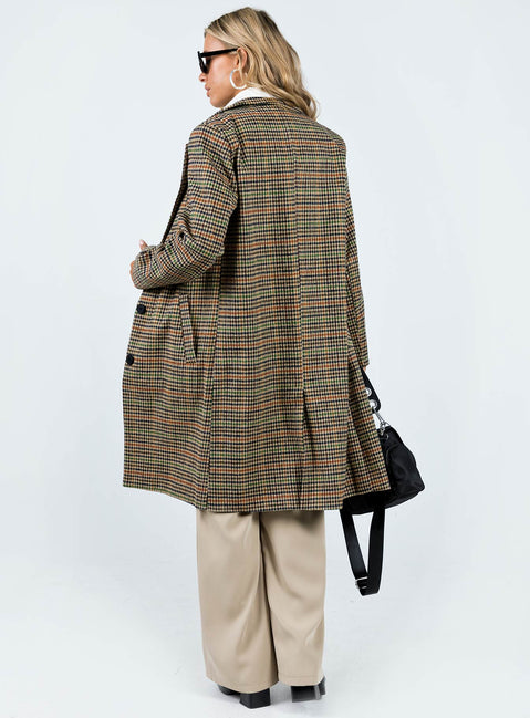 Coat Plaid print Lapel collar Button fastening at front Twin hip pockets Slit at back