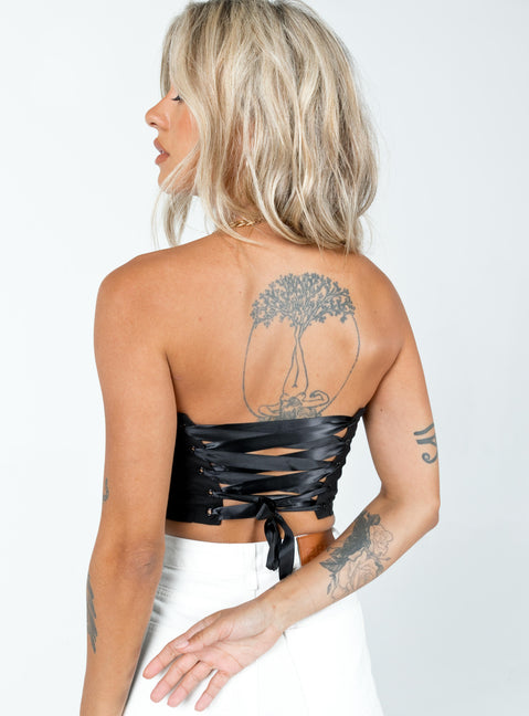 Front view of model wearing  front Princess Polly Sleeveless Cowl  Endless Love Corset Top Black