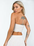 back view of model wearing Princess Polly Oscar Strapless Top Beige Sleeveless Square Neck 