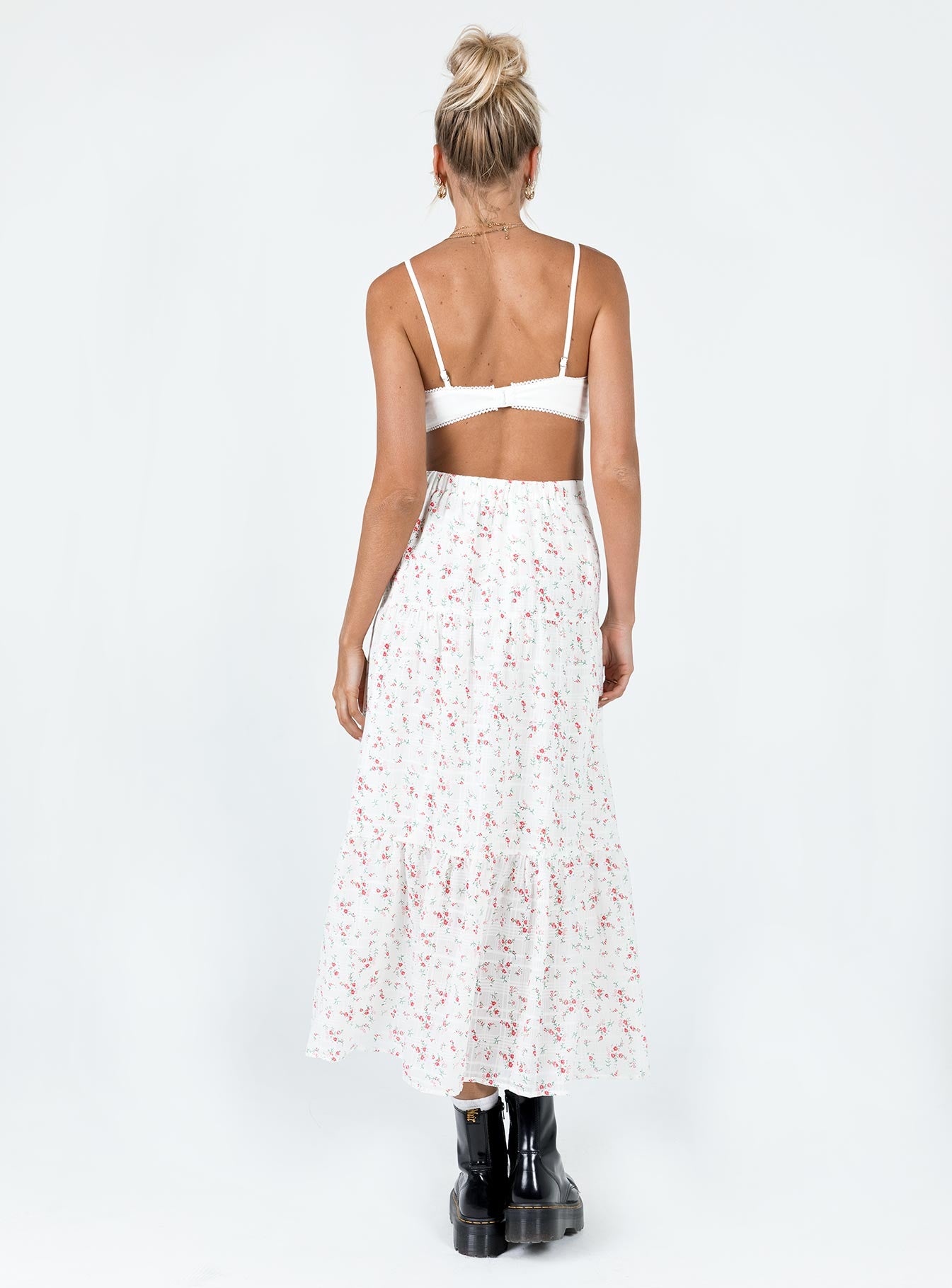 back view of model wearing Princess Polly Athena Maxi Skirt White / Pink Floral Maxi 