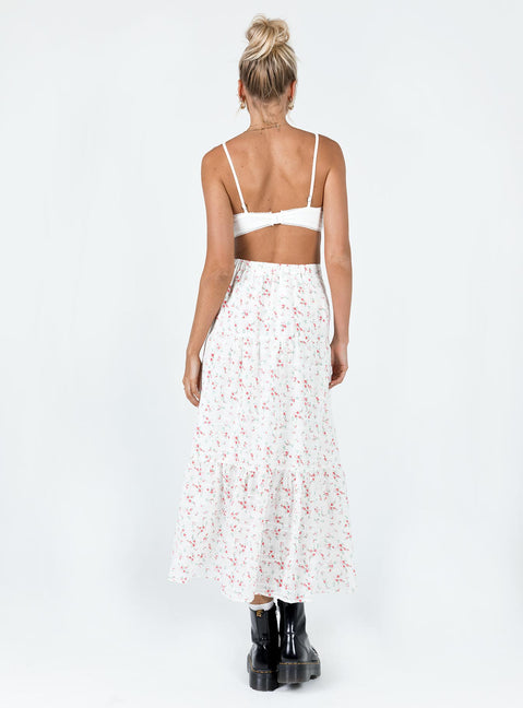 back view of model wearing Princess Polly Athena Maxi Skirt White / Pink Floral Maxi 