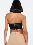 back view of model wearing Princess Polly Altona Strapless Top Black Sleeveless Sweetheart 