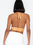 Orange halter top Floral print Adjustable neck tie Ruched seam detail Elasticated back Front tie detail