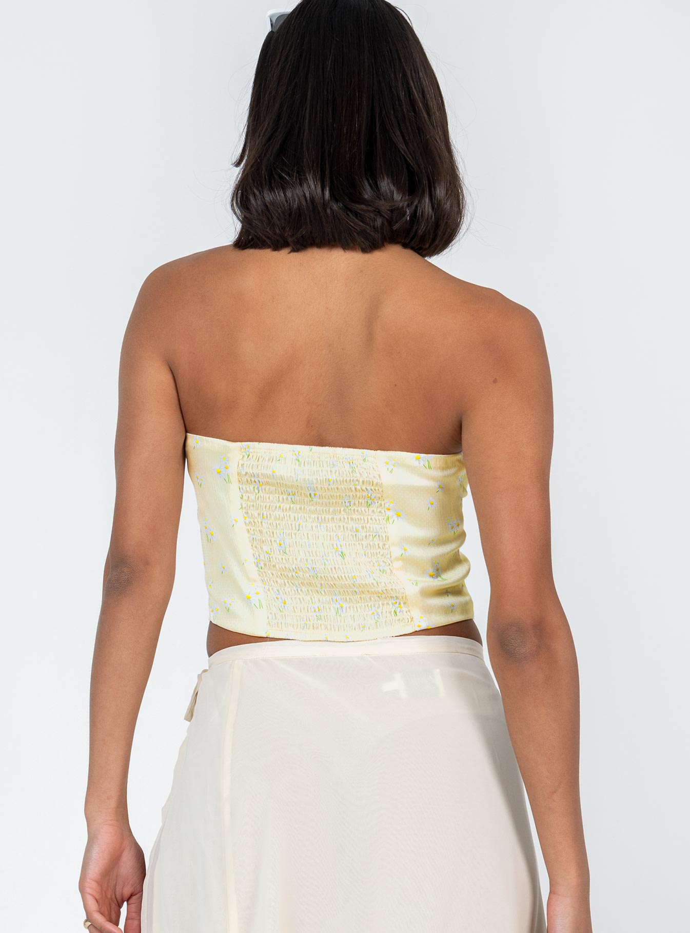 back view of model wearing Princess Polly Allyson Strapless Top Yellow Sleeveless Sweetheart 