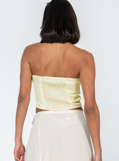 back view of model wearing Princess Polly Allyson Strapless Top Yellow Sleeveless Sweetheart 