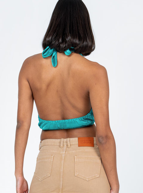 back view of model wearing Princess Polly Saylor Top Teal Sleeveless Plunger 