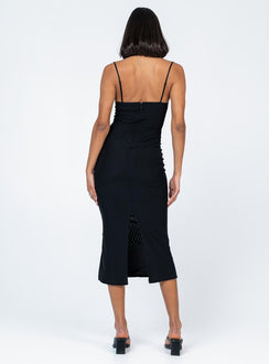 back view of model wearing Princess Polly Fe Midi Dress Black Sweetheart Neckline 