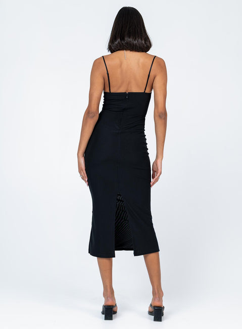 back view of model wearing Princess Polly Fe Midi Dress Black Sweetheart Neckline 