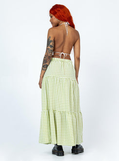 back view of model wearing Princess Polly Rebeccah Maxi Skirt Green Maxi 