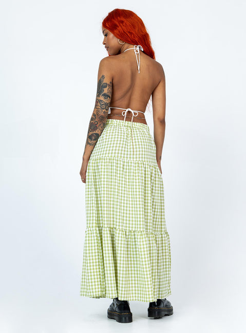 back view of model wearing Princess Polly Rebeccah Maxi Skirt Green Maxi 