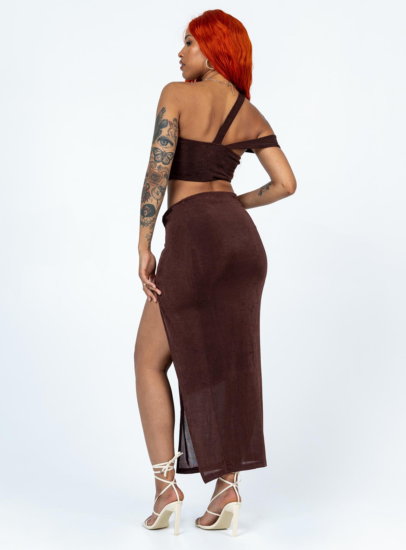 back view of model wearing Princess Polly Paisley Midi Skirt Brown Midi Skirts 