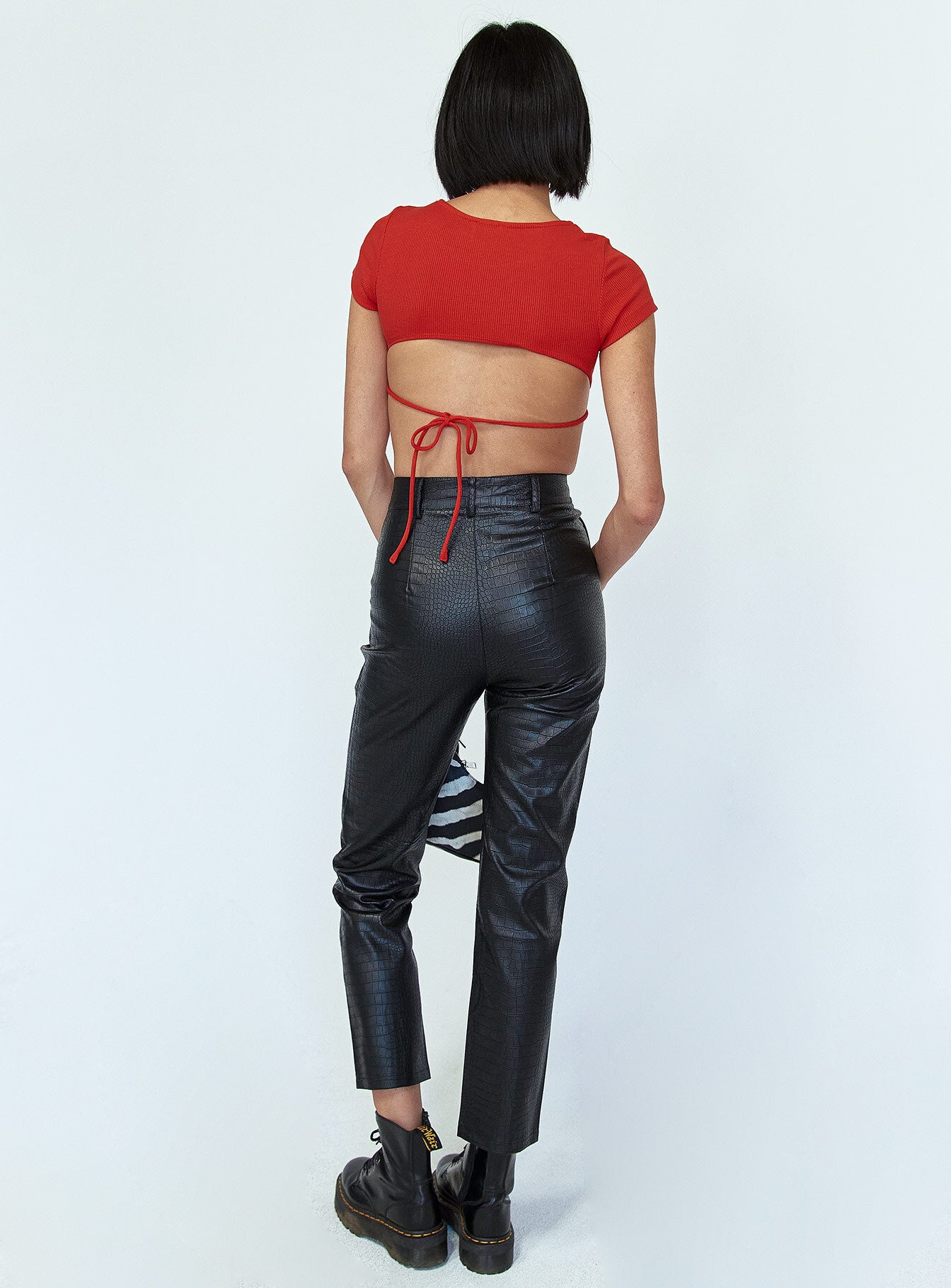 back view of model wearing Princess Polly Kiah PU Pants Black 