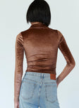 back view of model wearing Princess Polly Elody Long Sleeve Top Velvet Brown 