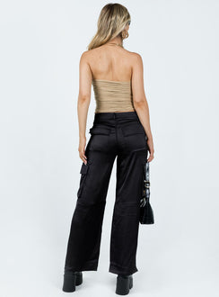 Front view of model wearing  front Princess Polly High Waisted Pants High Waisted Pants  Zora Satin Cargo Pant Black