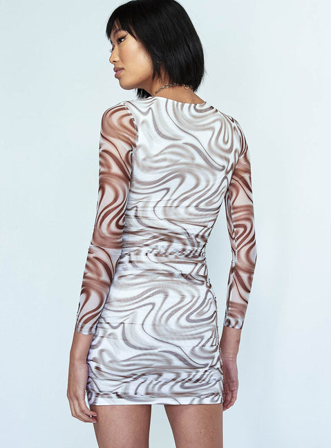 back view of model wearing Princess Polly Hazel Long Sleeve Mini Dress White / Brown 