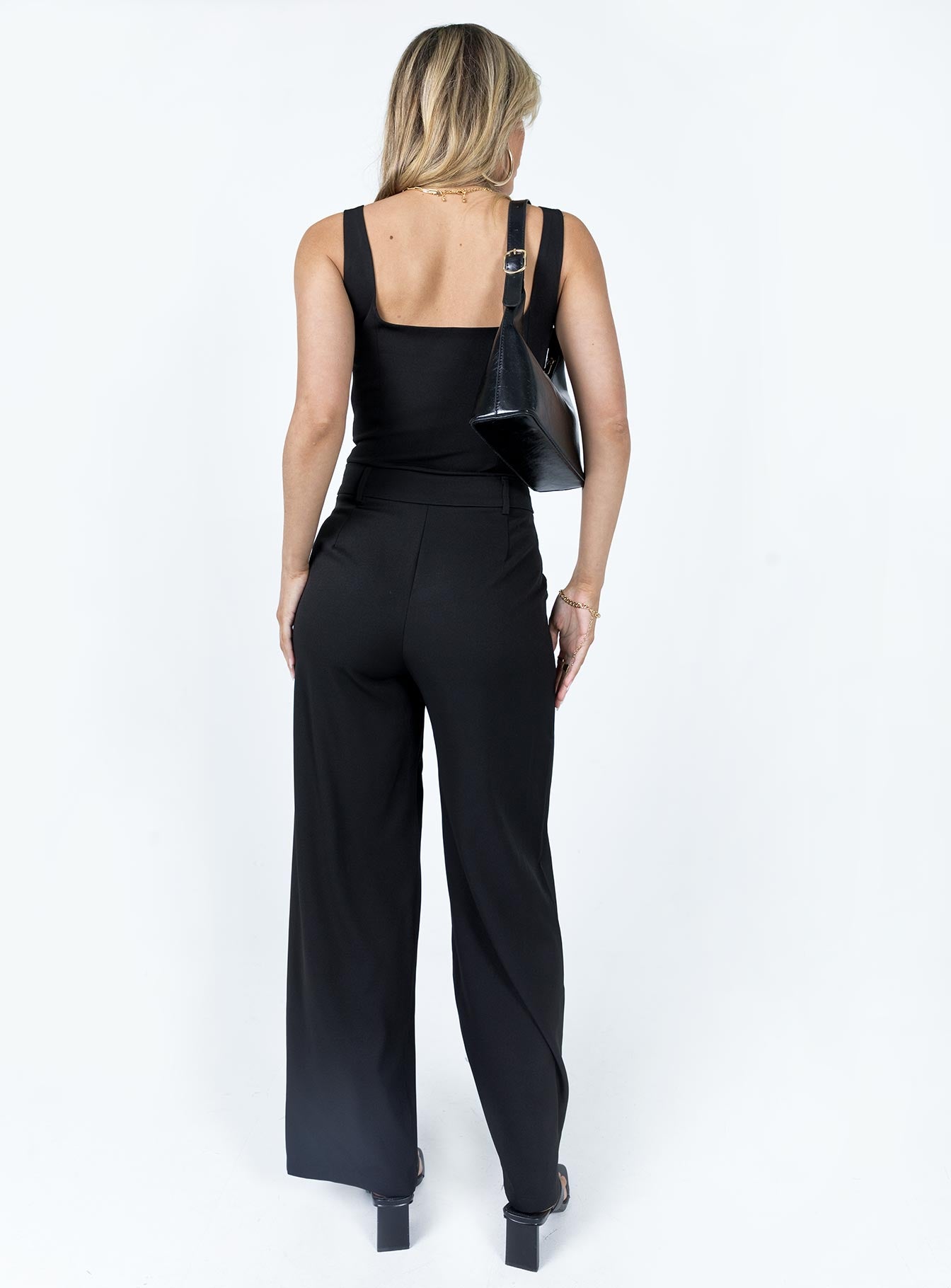 Matching set Longline top  Square neckline  High waisted pants  Zip & button fastening  Belt looped waist  Pleats at waist Twin hip pockets  Wide leg 