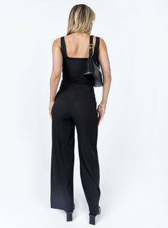 Matching set Longline top  Square neckline  High waisted pants  Zip & button fastening  Belt looped waist  Pleats at waist Twin hip pockets  Wide leg 