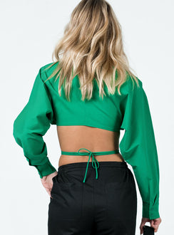 back view of model wearing Princess Polly Rylen Long Sleeve Top Green 