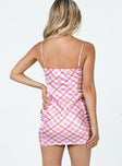 back view of model wearing Princess Polly Parka Mini Dress Pink Check 